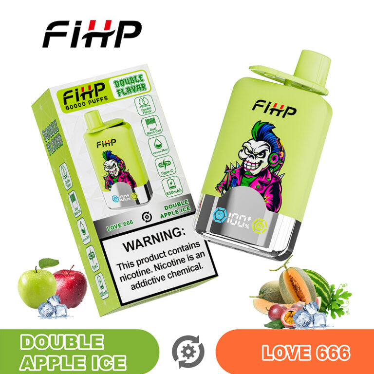 Close-up of FIHP 40k Puffs LCD display showing real-time battery life and e-liquid levels for European vapers