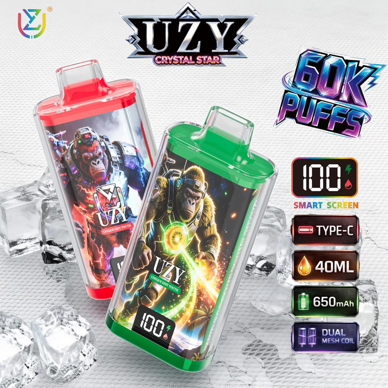 Authentic UZY Crystal Star 60000 Puffs with LED Screen and Multi-Flavor Switch.
