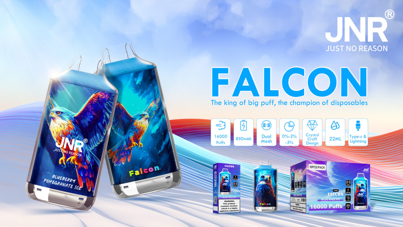 JNR Falcon 16K Puffs disposable vape device showcasing premium crystal craft design and dual charging ports.
