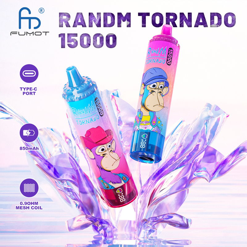 Fumot RandM Tornado – engångsvape med 15 000 bloss, 25 ml tank, 0,90 ohm mesh-spole och lysande RGB-belysning