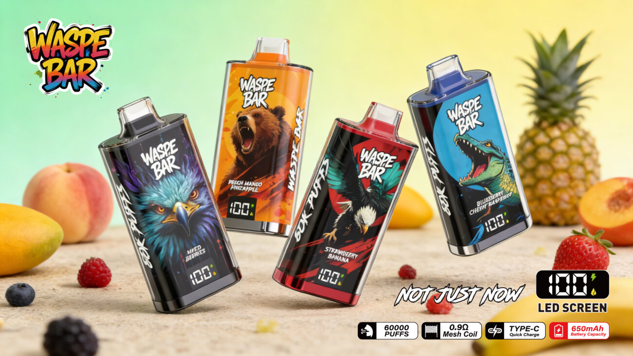 WASPE Bar 60K Vape disposable e-cigarette featuring 36mL juice tank, 0.9 ohm mesh coil, LED screen, and rechargeable 650mAh battery