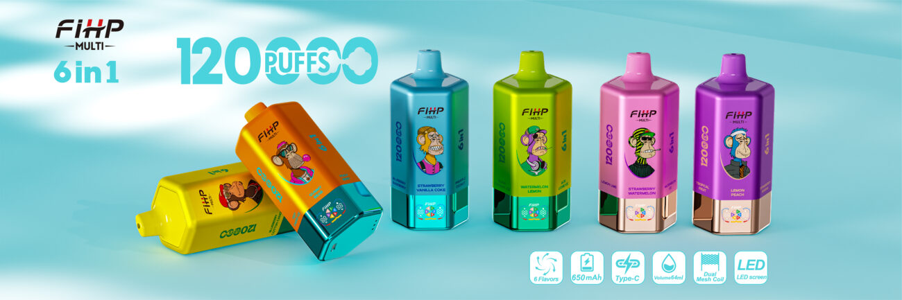 FIHP MULTI 120K Puffs 6 in 1 multi flavor disposable vape featuring smart LED display screen and rechargeable battery