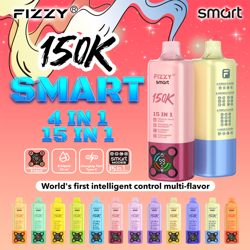 Fizzy Smart 150K Puffs disposable vape featuring 80mL reservoir and 15 in 1 smart switching system