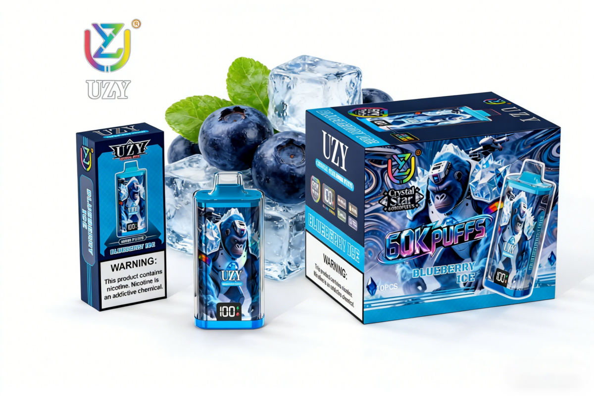 UZY Crystal Star 60K Puffs Vape disposable e-cigarette featuring smart display, dual mesh coils, and adjustable airflow mechanics